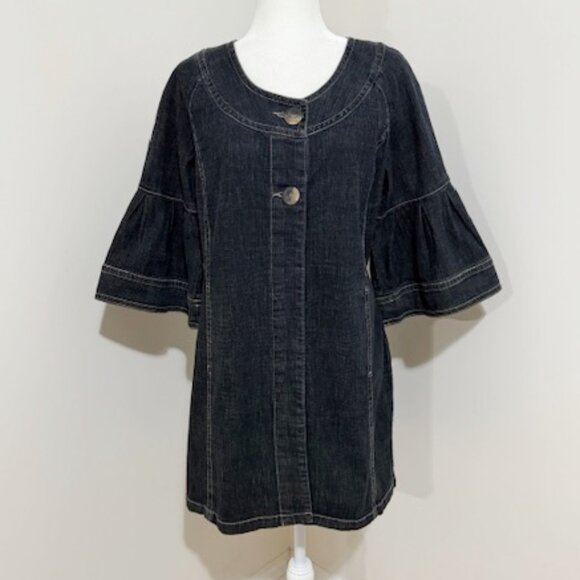 Live a Little Denim Jacket Tunic Dress Belted Back 3/4 Bell Sleeves Size L - Picture 1 of 5